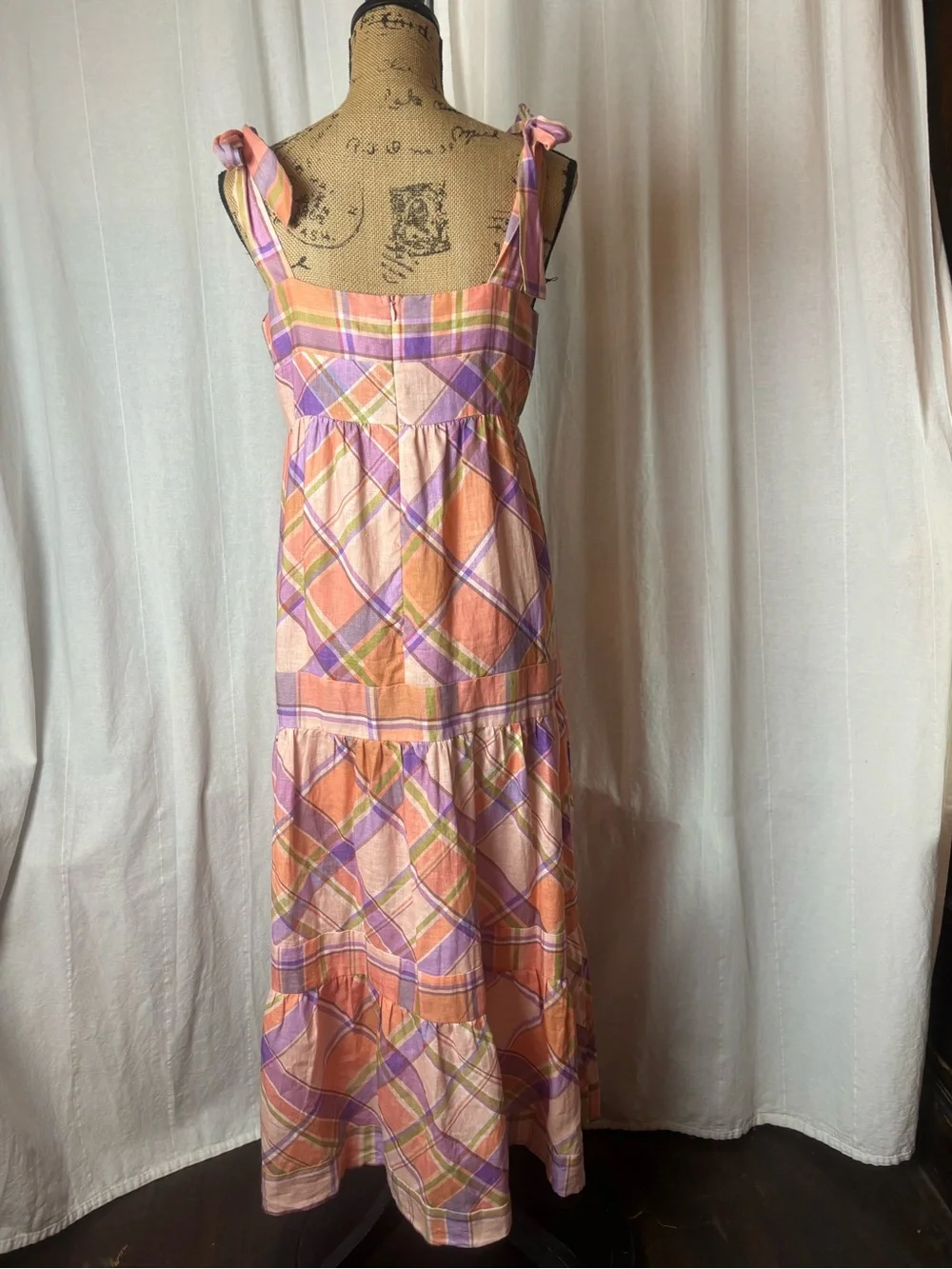 Anthropologie Kachel Tie Strap Linen Maxi Dress Pink Peach Purple Plaid Sz M